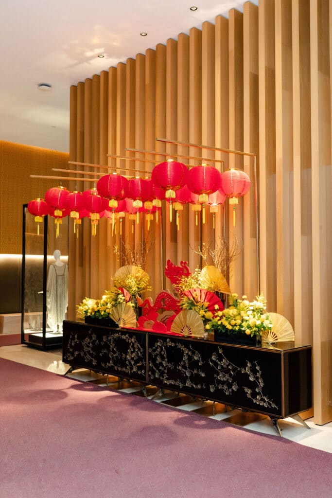 Lunar new year decoration with dragon, lanterns, fans and flowers, designed for Shangri-La Hotel Toronto's lobby activation.