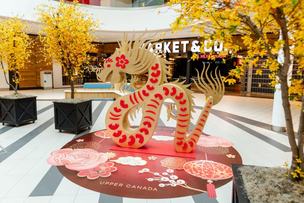 Lucky dragon display for a Lunar new year activation at Upper Canada Mall by Rebecca Chan Events Inc