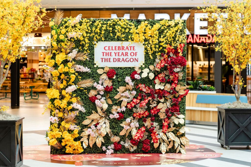 Lucky flower wall for a Lunar new year activation at Upper Canada Mall by Rebecca Chan Events Inc