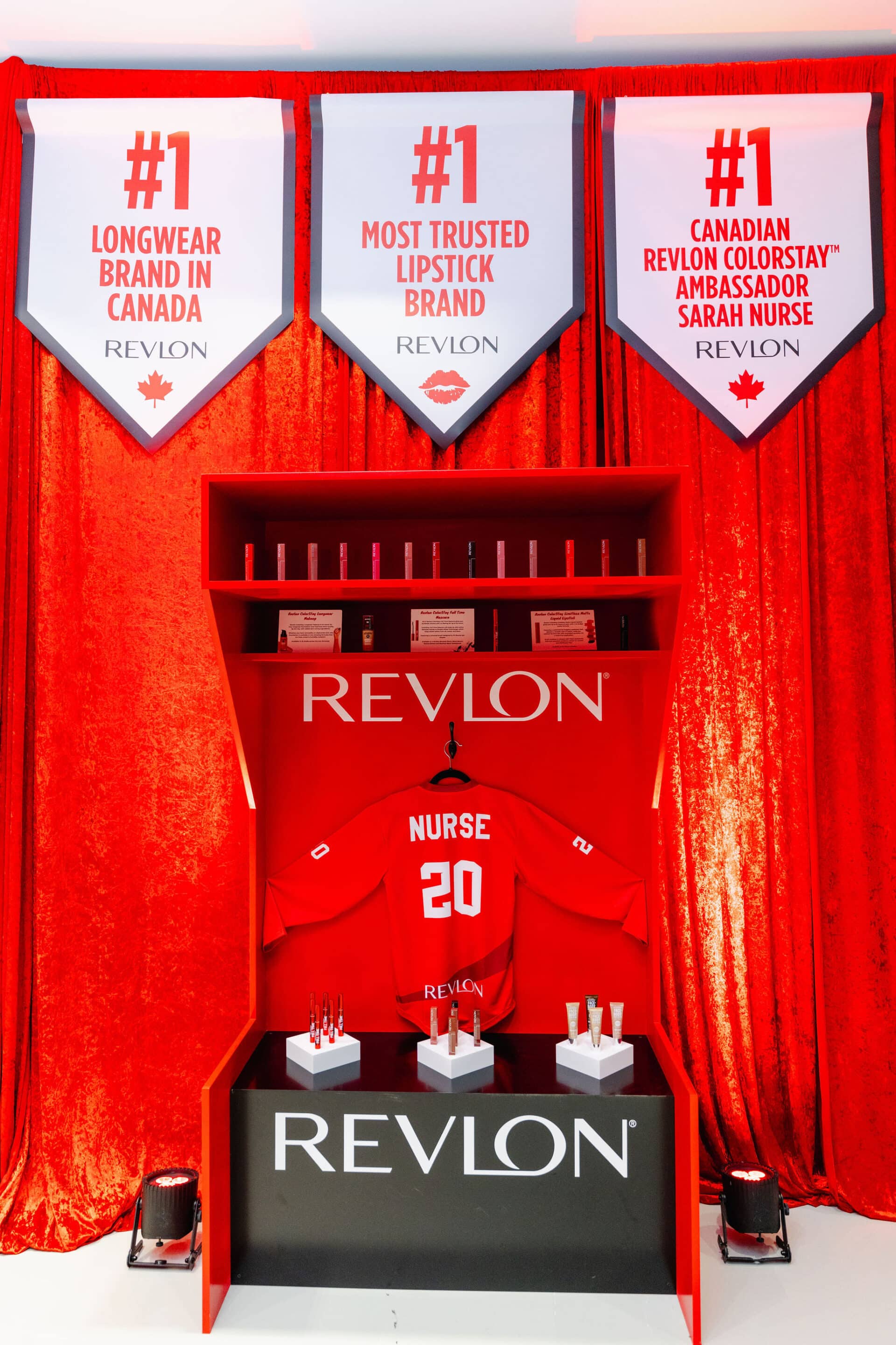 20250425-36 Revlon Hockey Themed Brand Activation - Player locker with Sarah Nurse jersey, championship banners and product display
