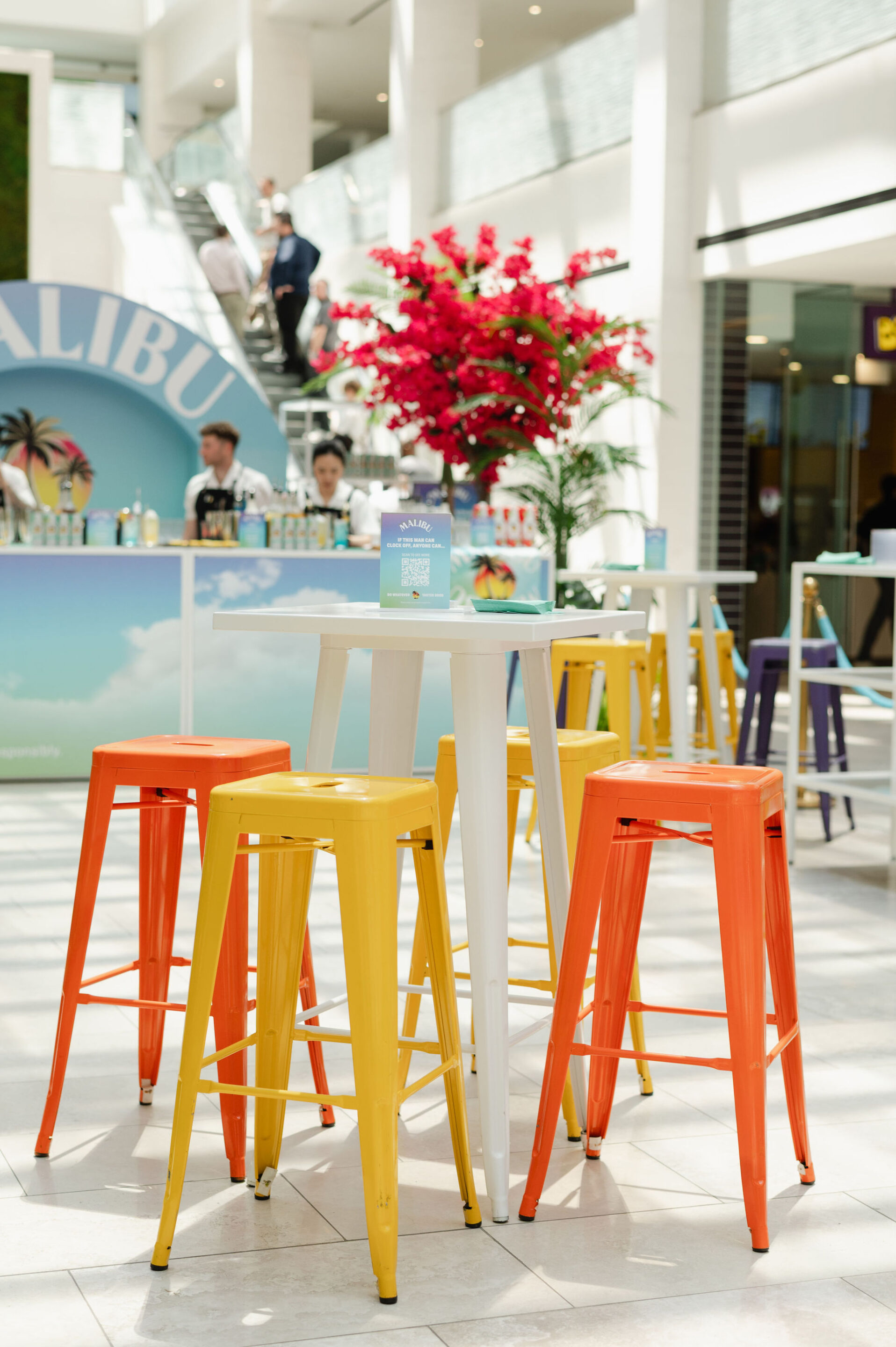 Malibu Brand Activation elevator pop up bar with colourful lounge furniture