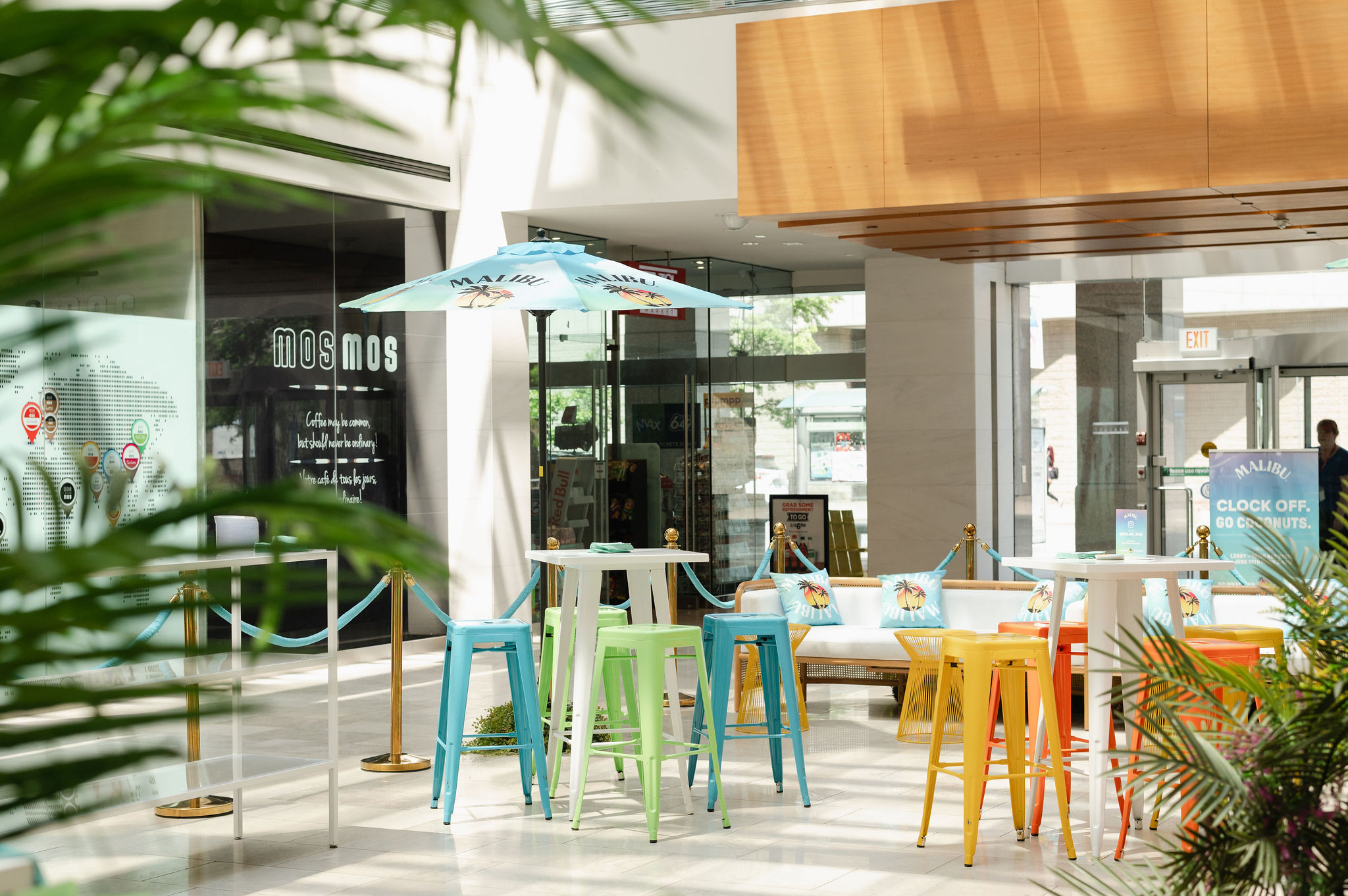Malibu Brand Activation elevator pop up bar with colourful lounge furniture