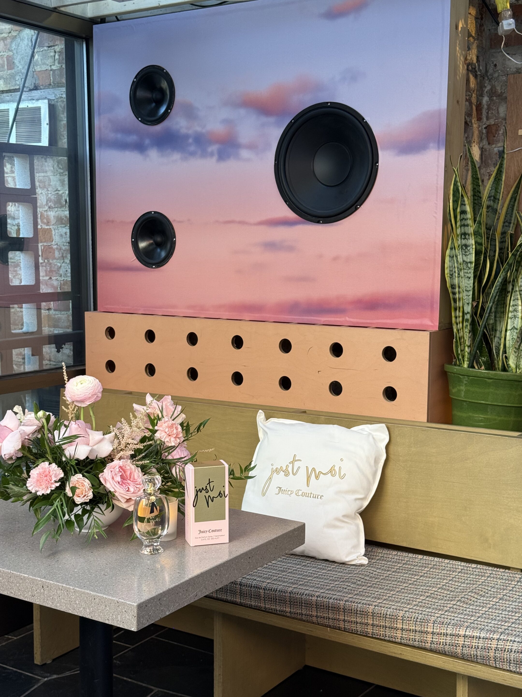 Juicy Couture Just Moi fragrance brand activation - Branded pillow with pink floral and gradient sky print