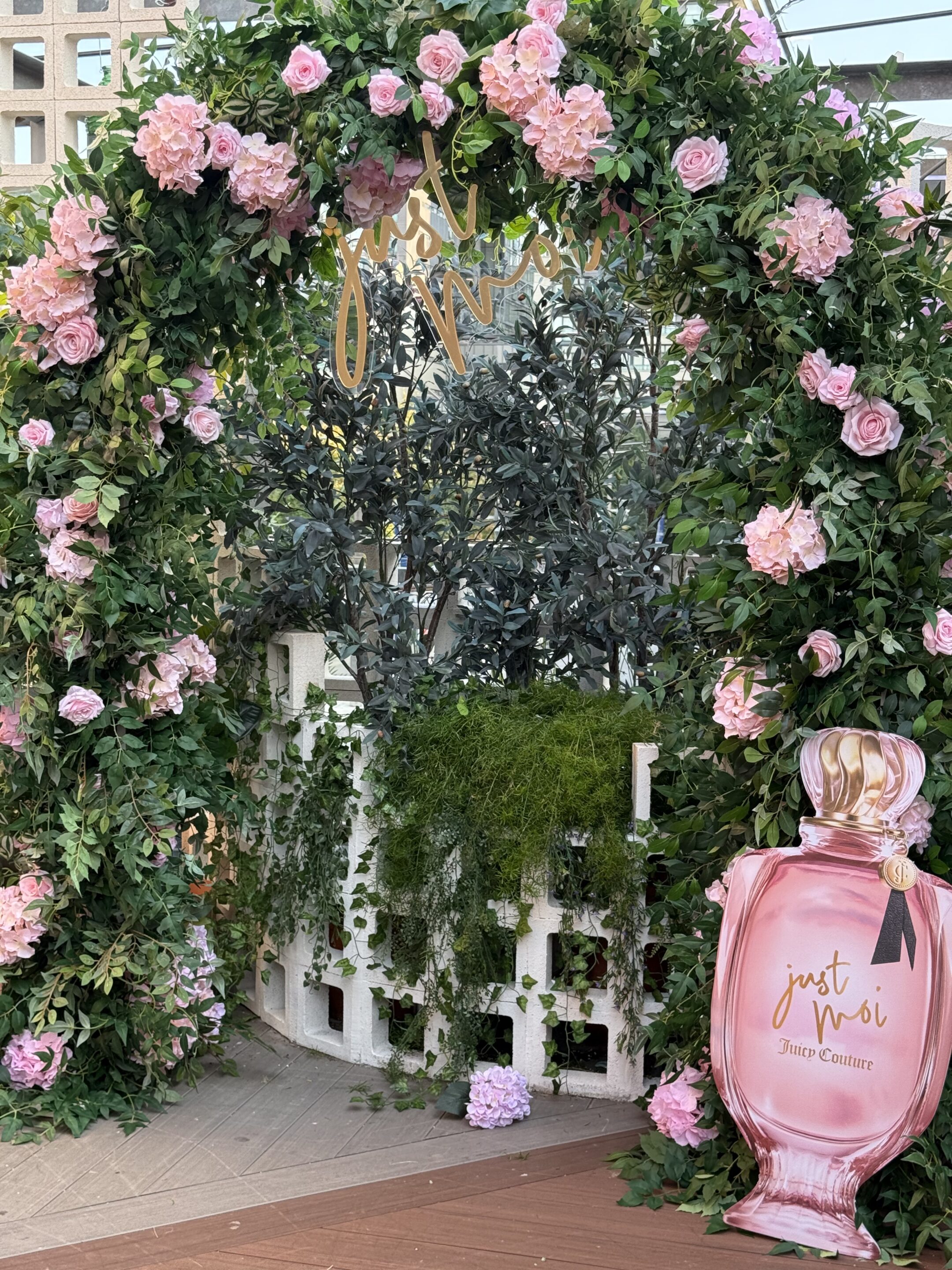 Juicy Couture Just Moi fragrance brand activation - Pink floral arch
